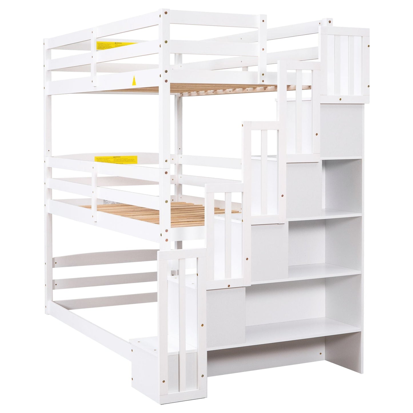 Shared Room Solution Twin Triple Wood Bunk Bed with Storage Staircase, White | Just Better Bunk Beds