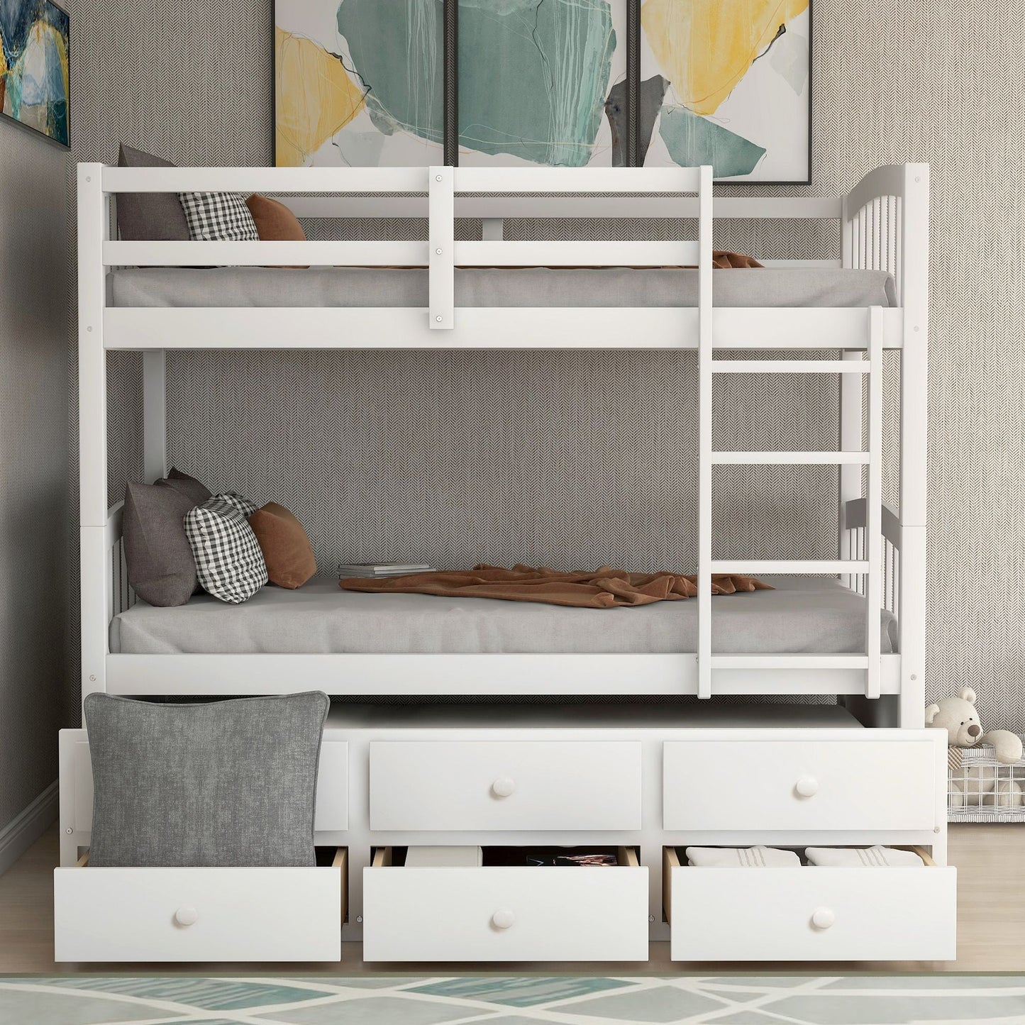Shared Room Solution Twin Wood Bunk Bed with Ladder, Safety Rail, Twin Trundle and 3 Drawers, White | Just Better Bunk Beds