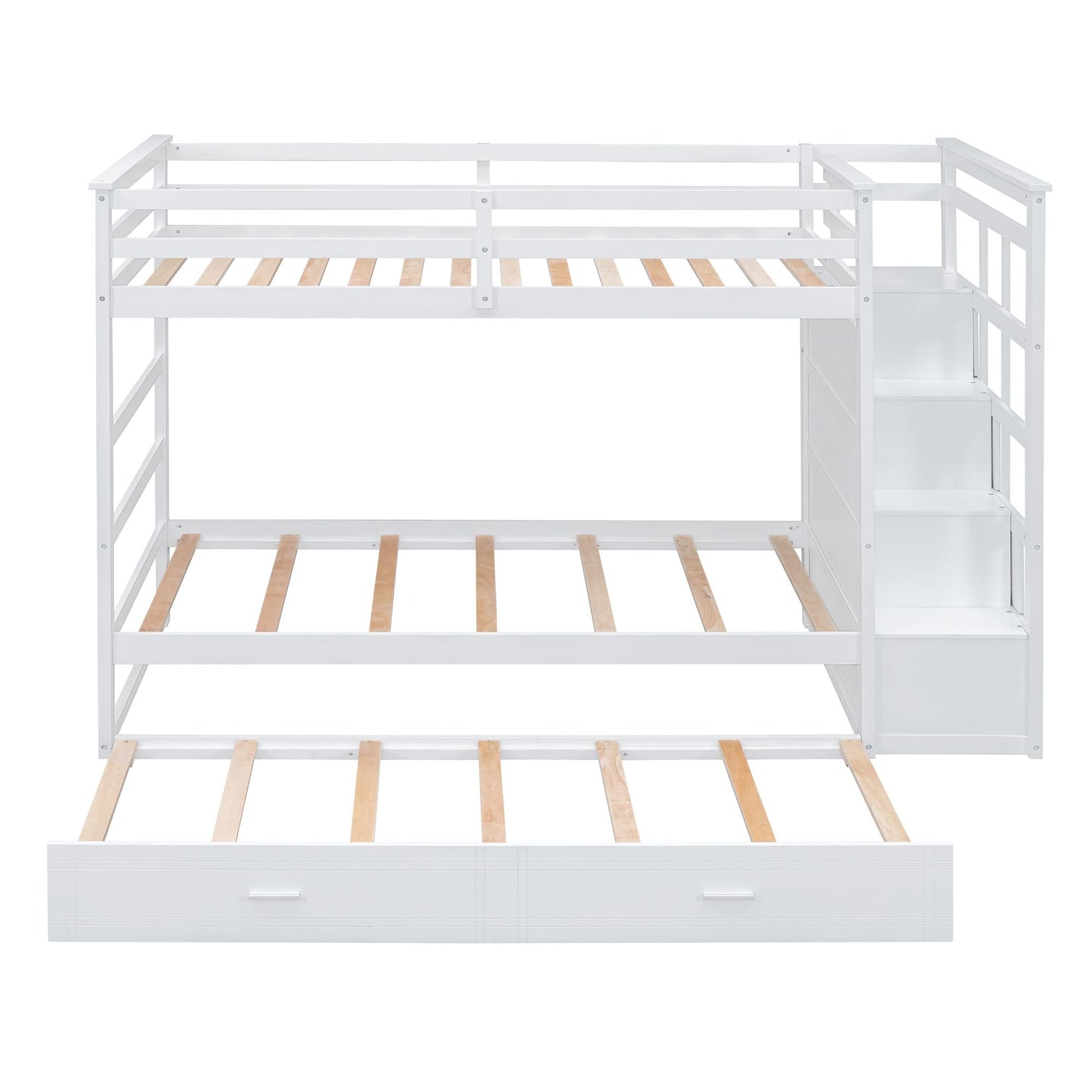 Shared Room Solution Twin Over Twin Wood Bunk Bed with Trundle and Staircase, White | Just Better Bunk Beds