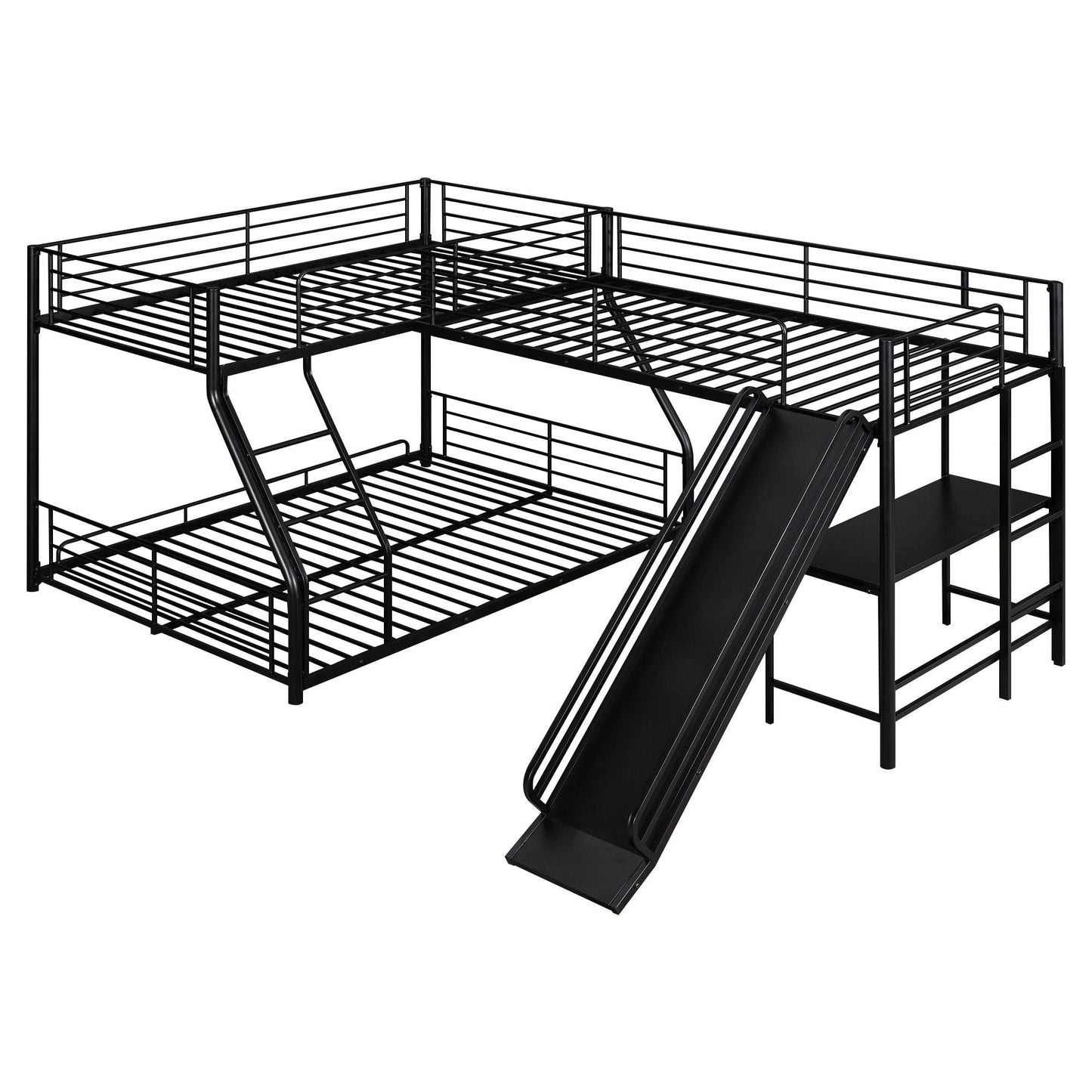 L-Shaped Twin Over Full Wood Bunk Bed with Loft, Desk and Slide, Black | Just Better Bunk Beds