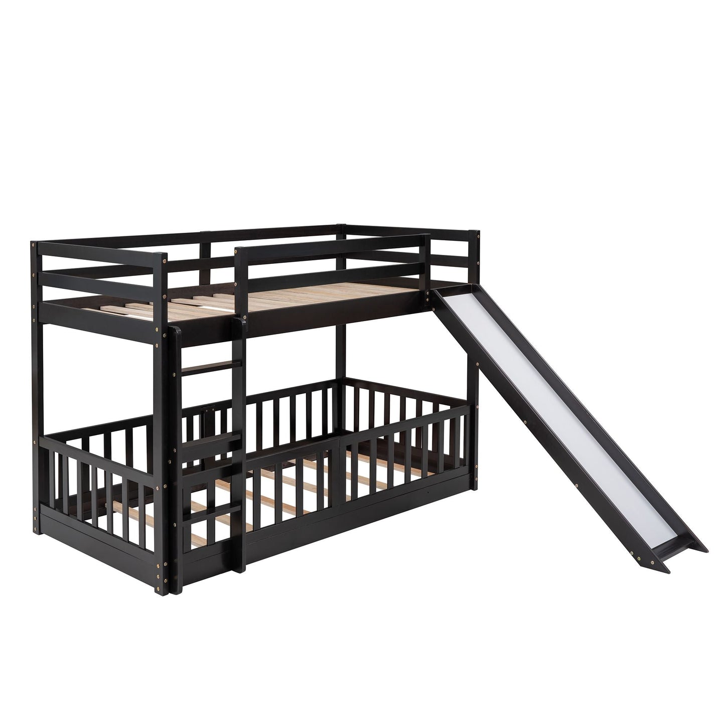 Kids Bedroom Twin Over Twin Wood Bunk Bed with Slide and Ladder, White | Just Better Bunk Beds