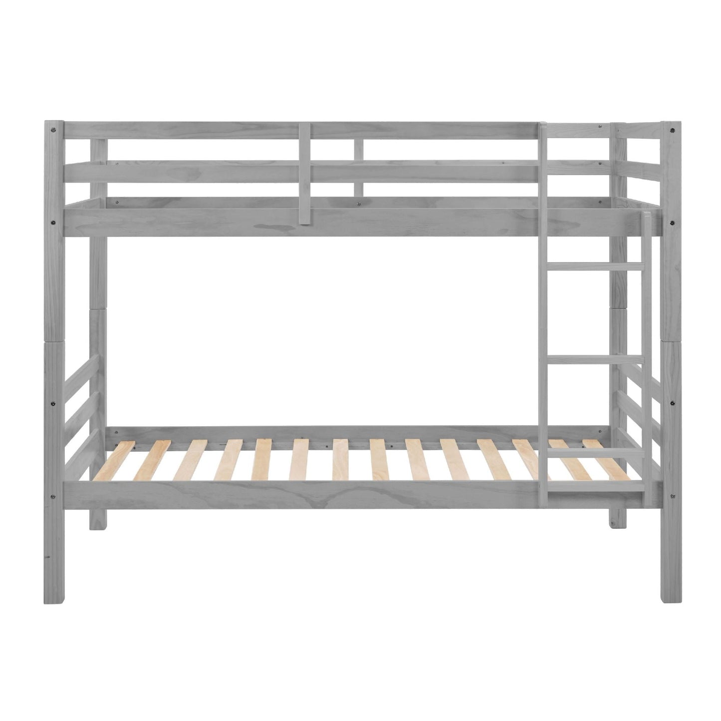 Heavy-Duty Twin Over Twin Wood Bunk Bed, Gray with Thick Posts, Ladder, and High Guardrail | Just Better Bunk Beds