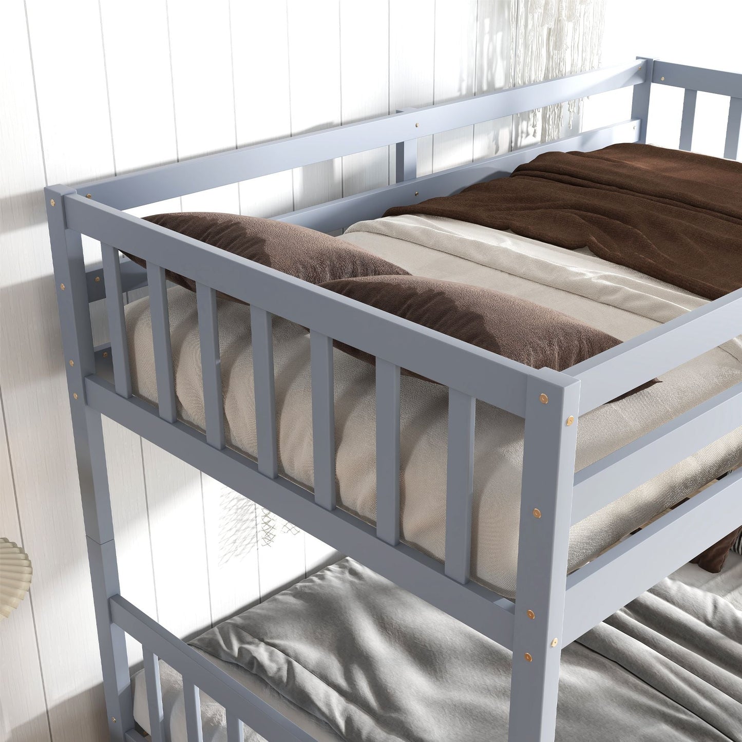 Convertible Twin Over Twin Rubber Wood Bunk Bed with 2 Drawers, Ladder, Safety Guardrails, Gray | Just Better Bunk Beds