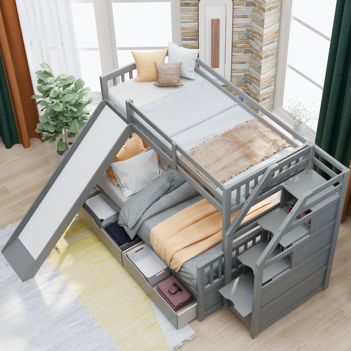 Multifunction Twin Over Full Wood Bunk Bed with Drawers, Storage and Slide, Gray | Just Better Bunk Beds