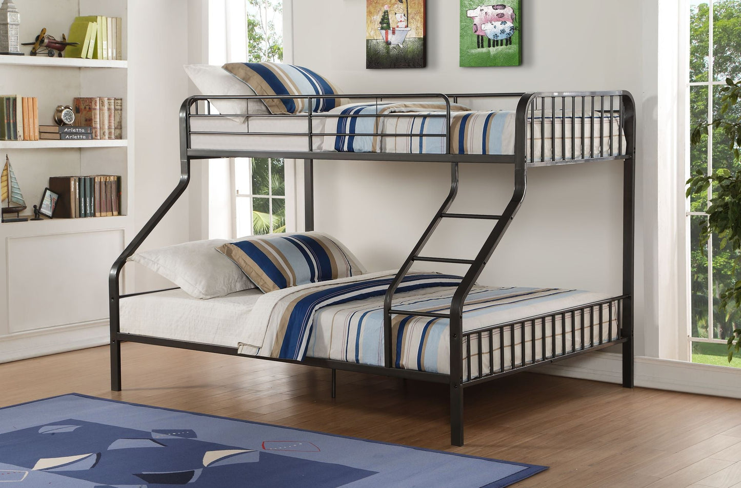 House-Style Twin XL Over Queen Wood Bunk Bed, Gray Gunmetal Finish | Just Better Bunk Beds
