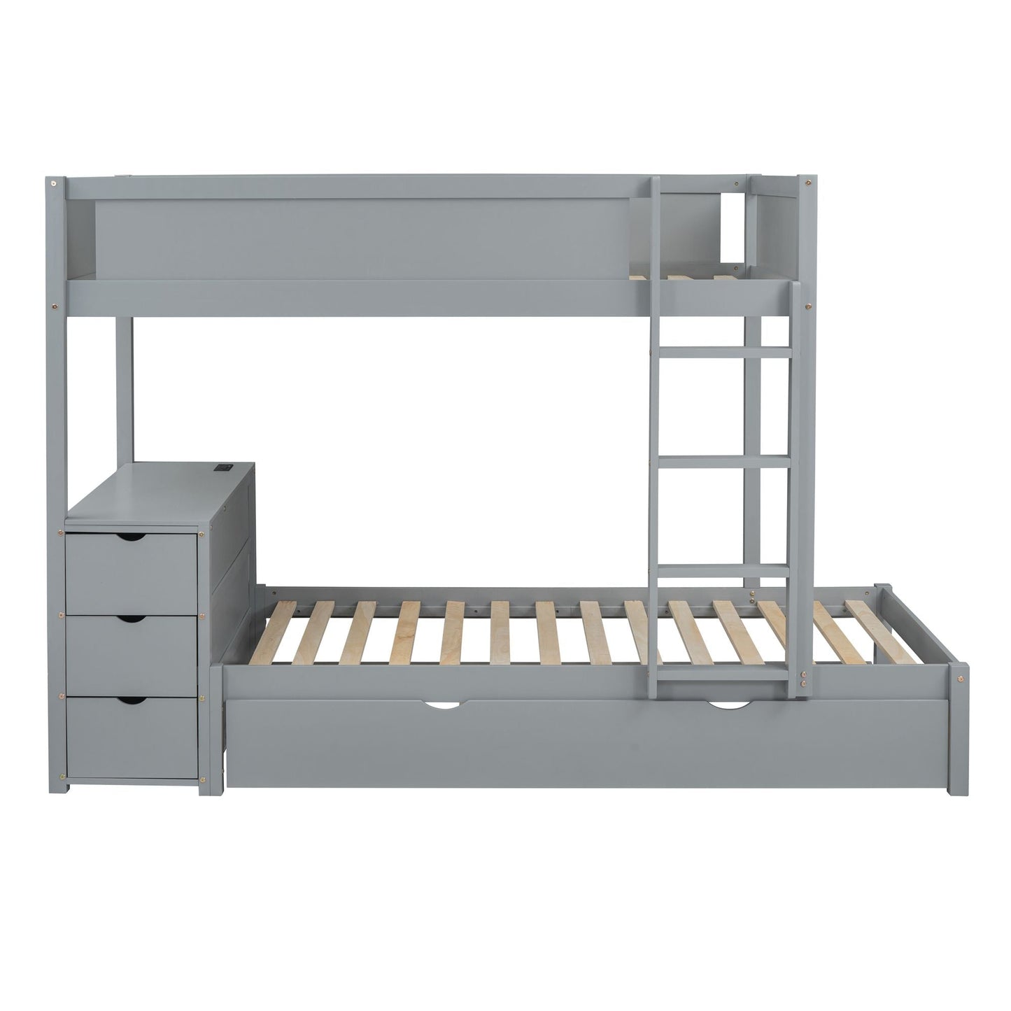 Space-Saving Twin Over Twin Wood Bunk Bed with Twin Trundle, Storage, Desk, Gray | Just Better Bunk Beds