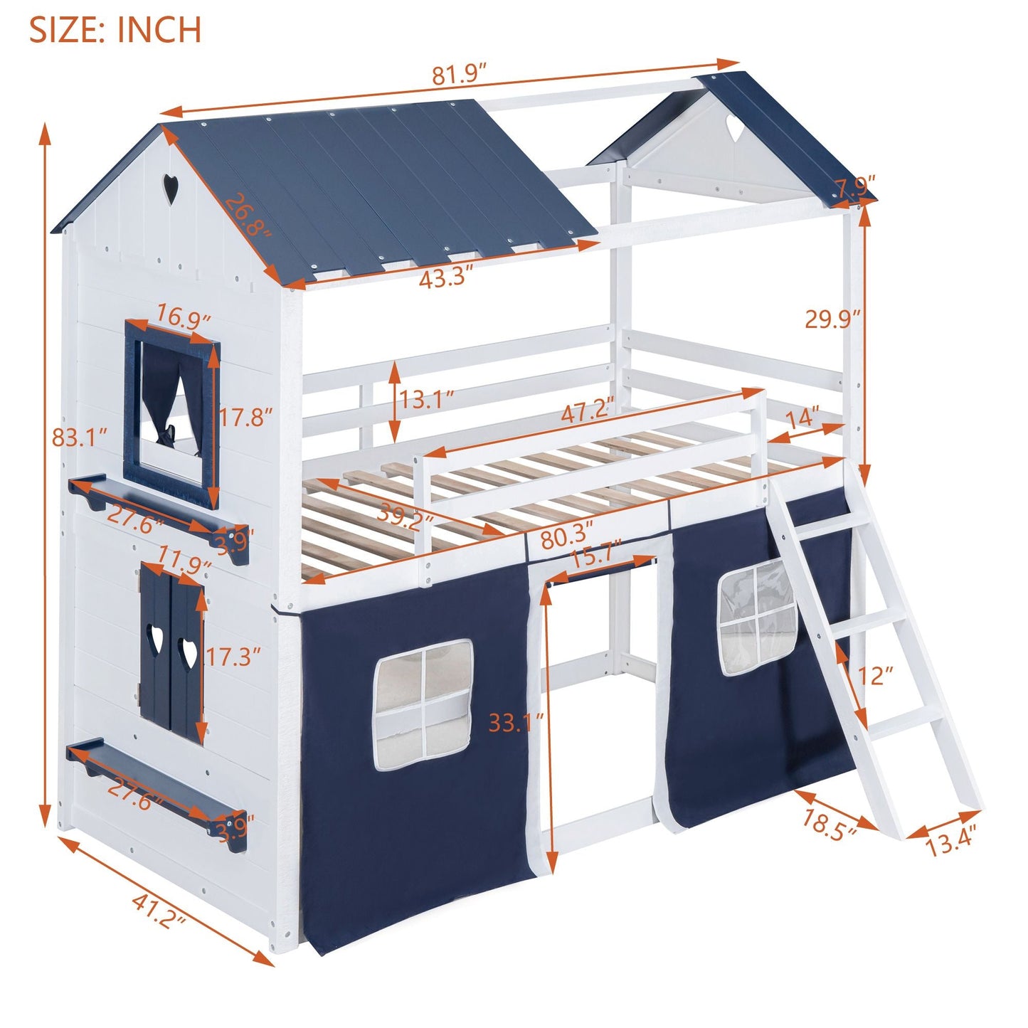 House-Style Twin Wood Bunk Bed with Elegant Windows, Sills, Tent, Blue and White | Just Better Bunk Beds