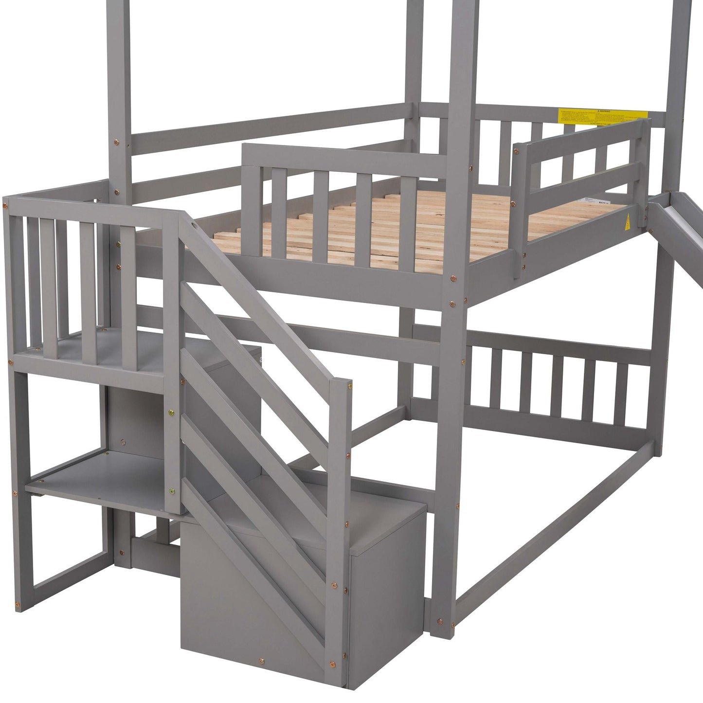 House-Style Twin Over Twin Wood Bunk Bed with Convertible Slide and Storage Staircase, Gray | Just Better Bunk Beds