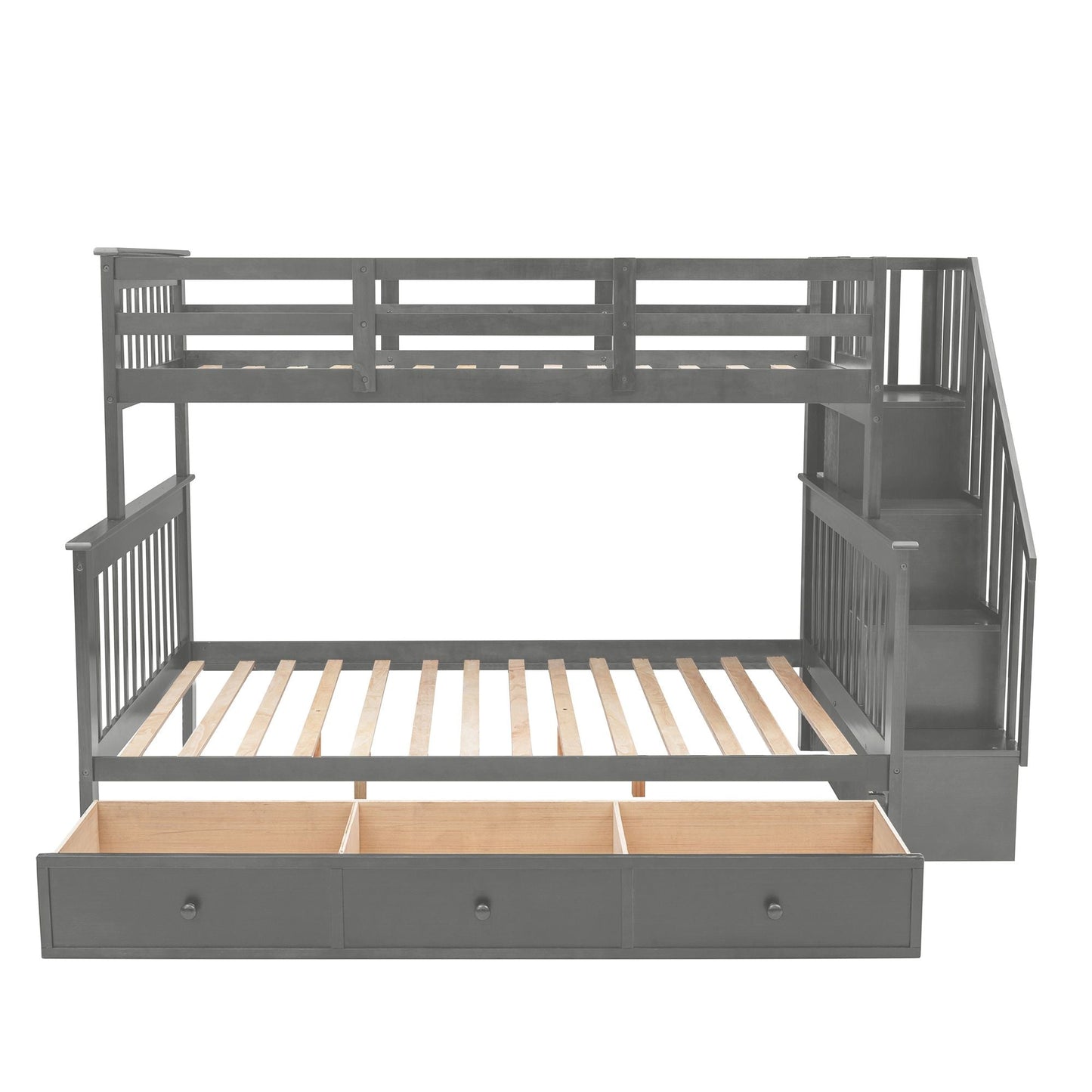 Staircase Storage Twin Over Full Wood Bunk Bed with Drawer, Storage, and Guard Rail, Gray | Just Better Bunk Beds