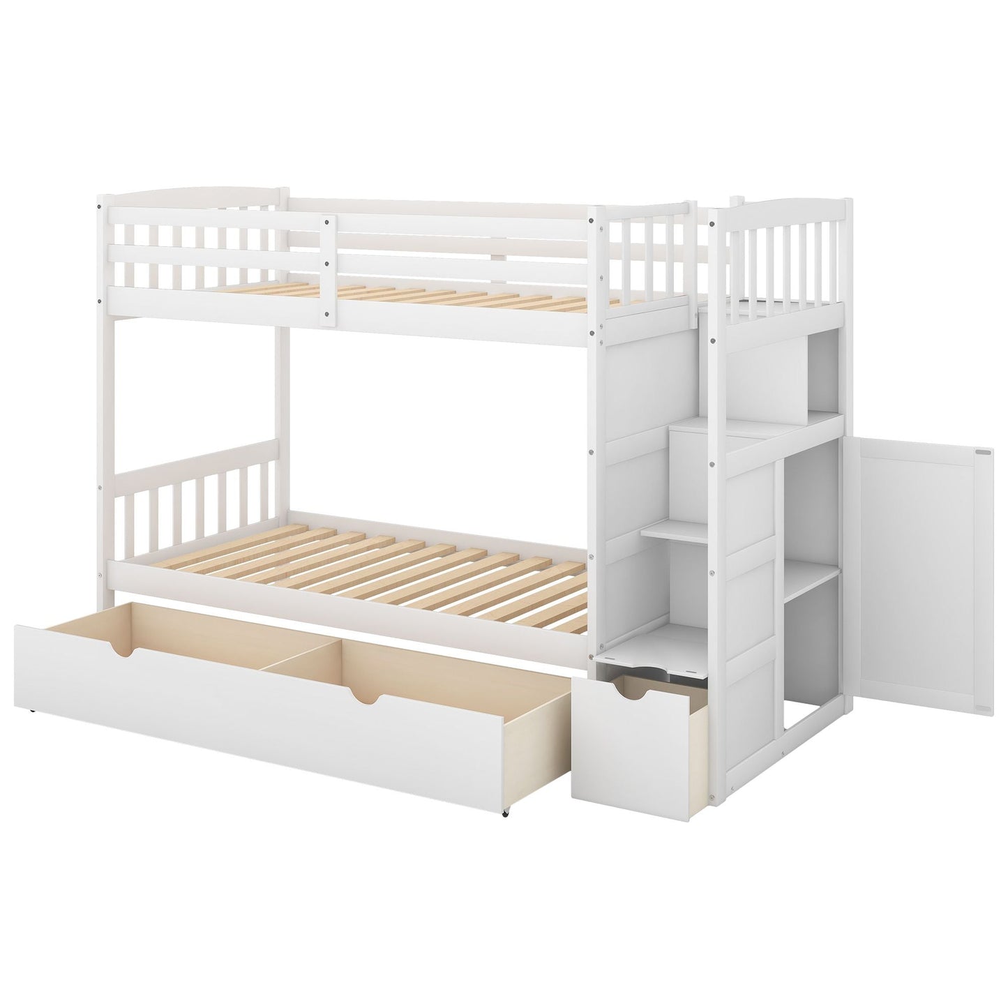 Convertible Twin Over Full Wood Bunk Bed with Storage Shelves and Drawers, White | Just Better Bunk Beds