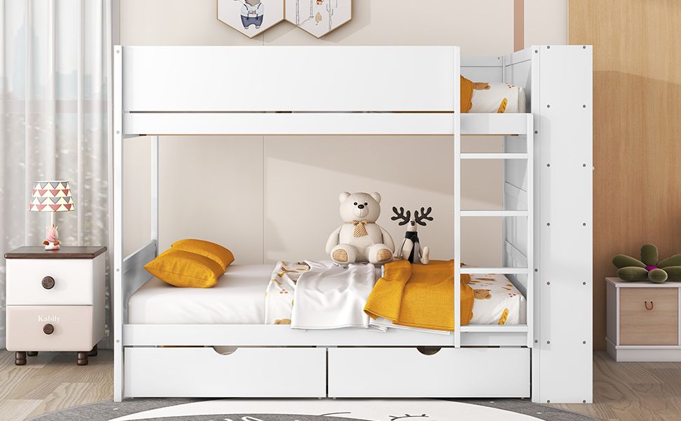 Organized Full Over Full Wood Bunk Bed with 2 Drawers and Multi-Layer Cabinet, White | Just Better Bunk Beds