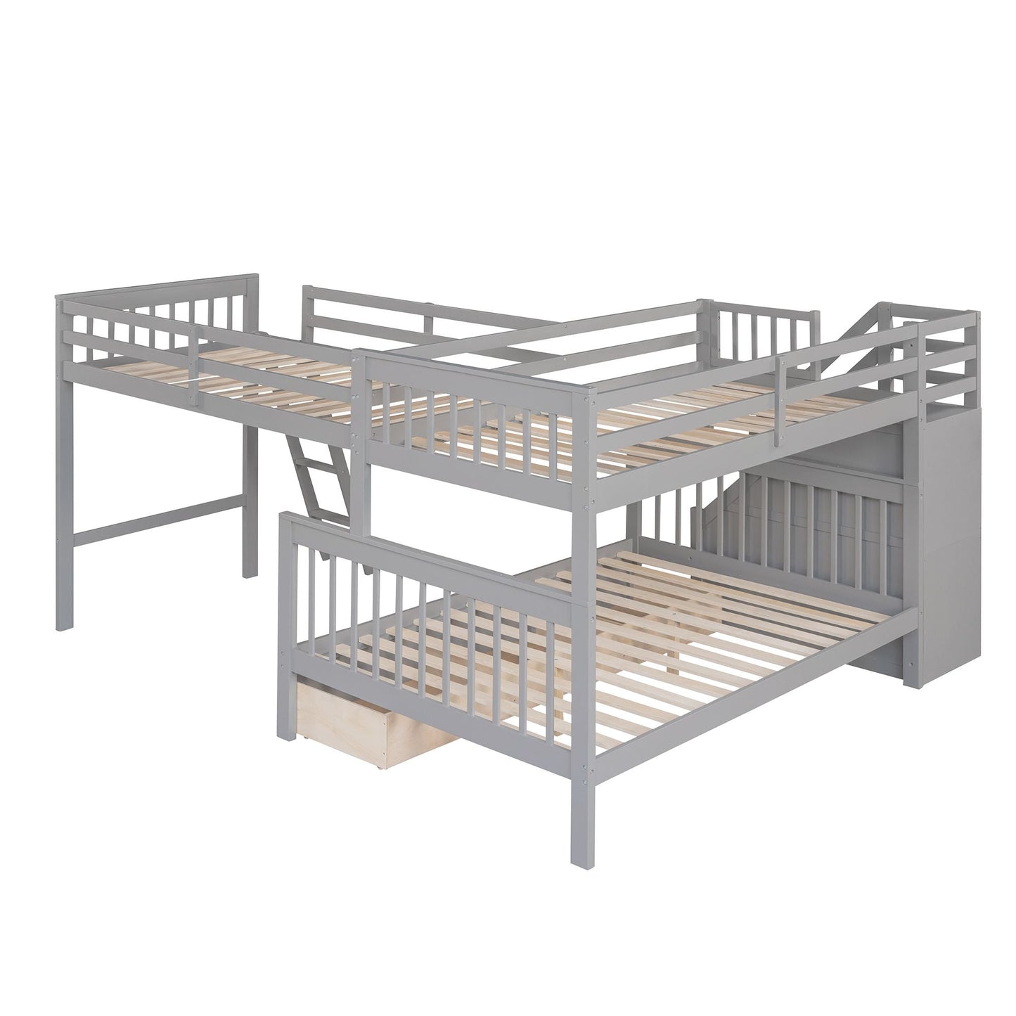 Twin over Full L-Shaped Bunk Bed With 3 Drawers,  Ladder and Staircase - Gray
