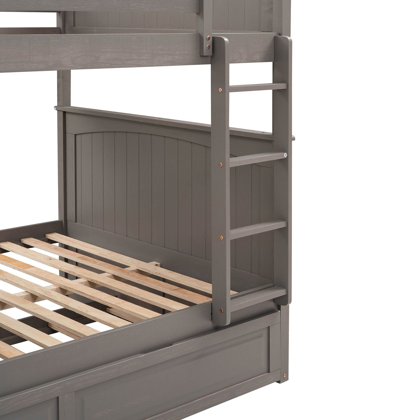 Shared Room Solution Full Over Full Pine Wood Bunk Bed with Twin Trundle and Guardrails, Brushed Gray | Just Better Bunk Beds