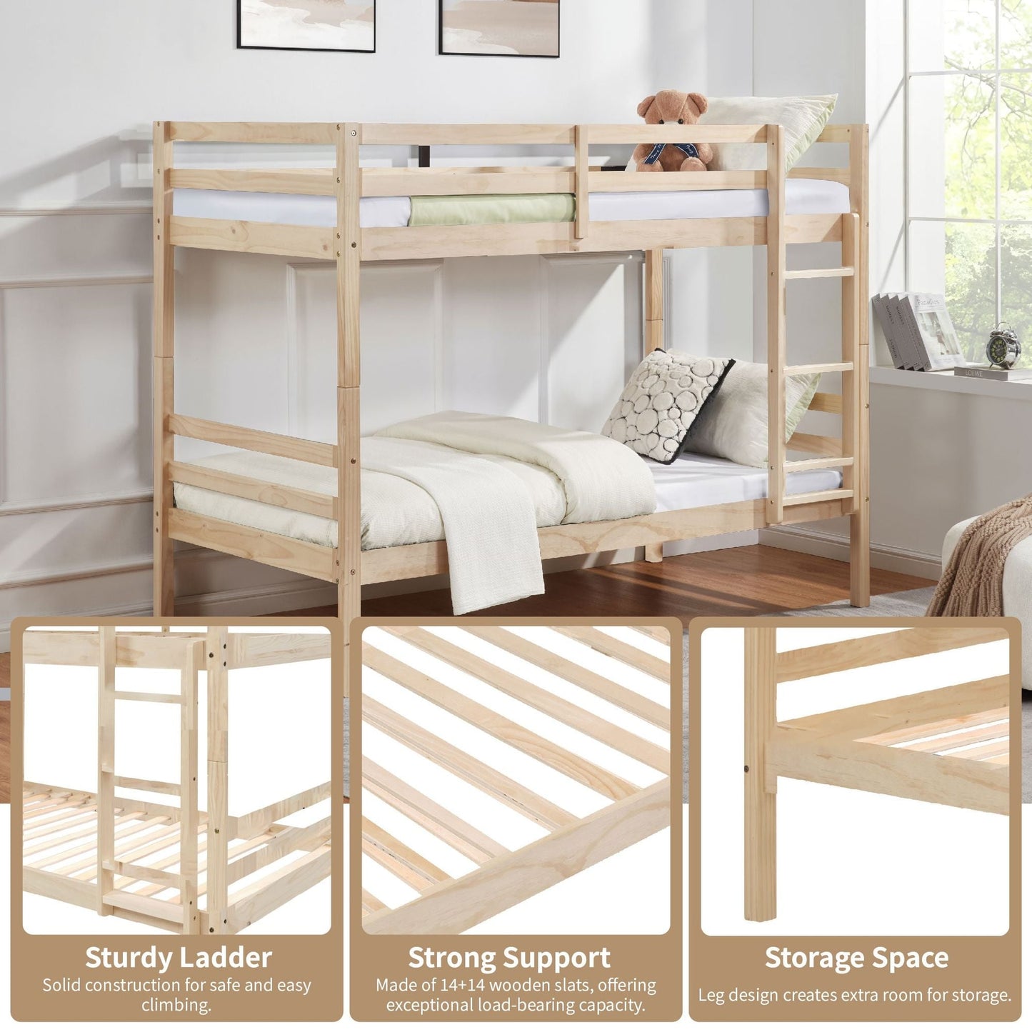 Shared Room Solution Twin Over Twin Wood Bunk Bed with Ladder, White | Just Better Bunk Beds