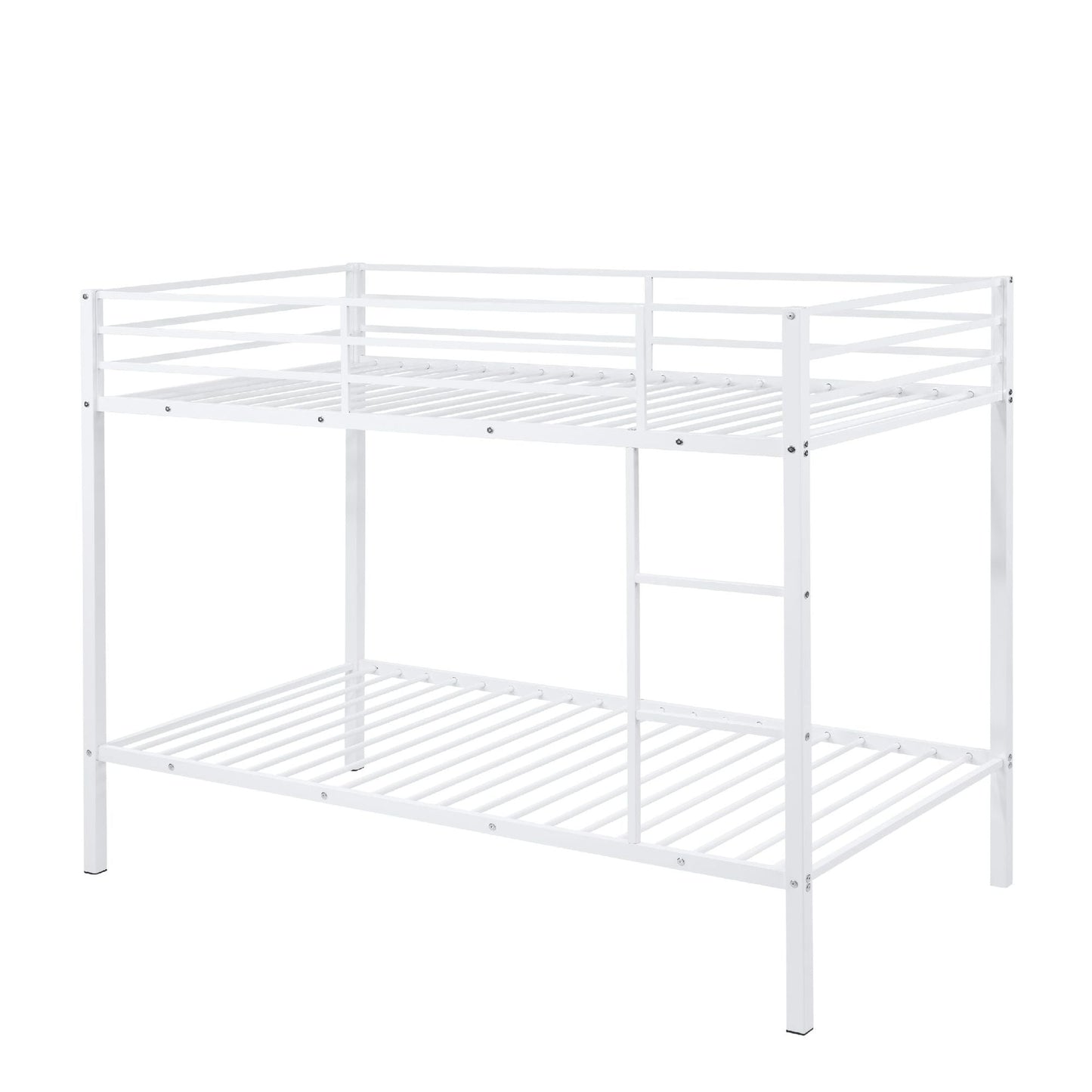 Space-Saving Low Profile Twin Over Twin Metal Bunk Bed with Ladder, White | Just Better Bunk Beds