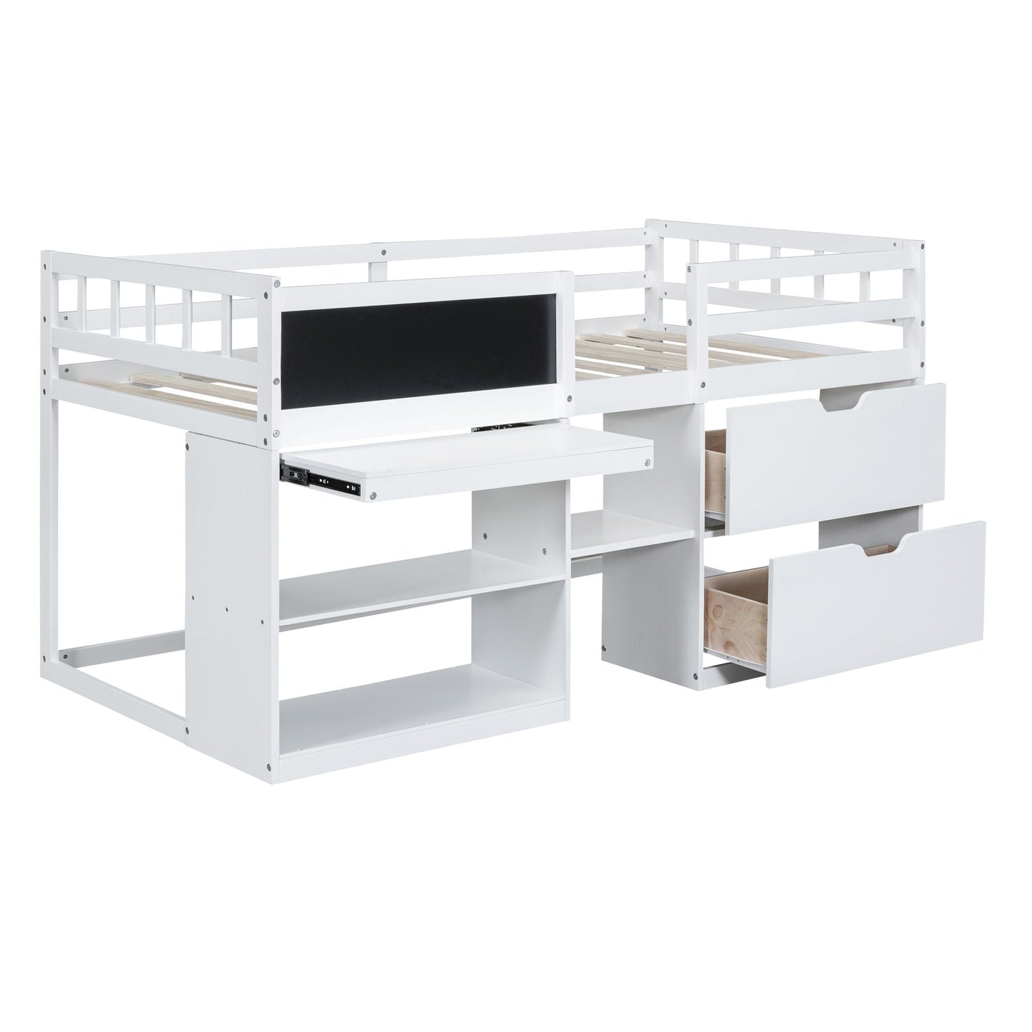 Space-Saving Twin Low Loft Wood Bed with Rolling Desk, Shelf, Drawers, White | Just Better Bunk Beds
