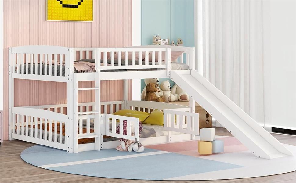 Kids Bedroom Full Over Full Wood Bunk Bed with Slide, Fence, Ladder, White | Just Better Bunk Beds