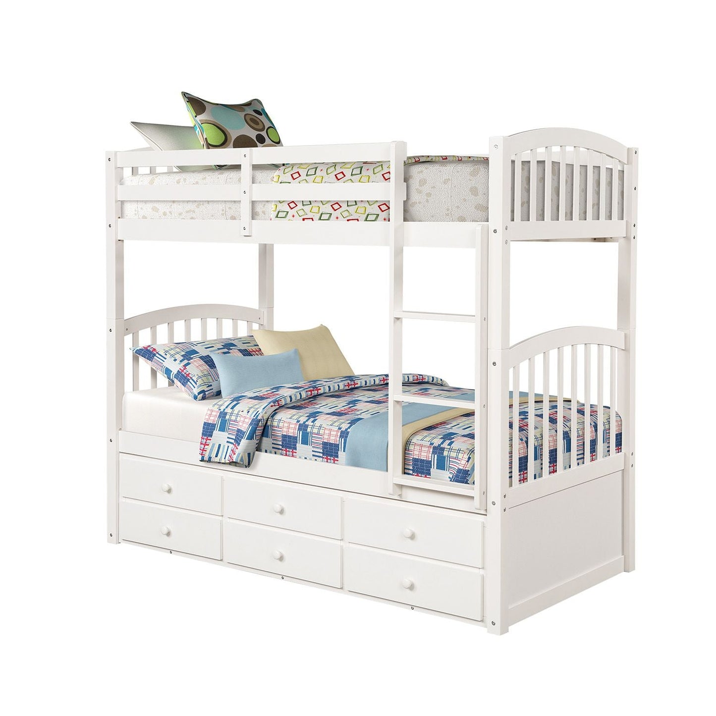 Space-Saving Twin Wood Bunk Bed with Ladder, Safety Rail, Twin Trundle and 3 Drawers, White | Just Better Bunk Beds