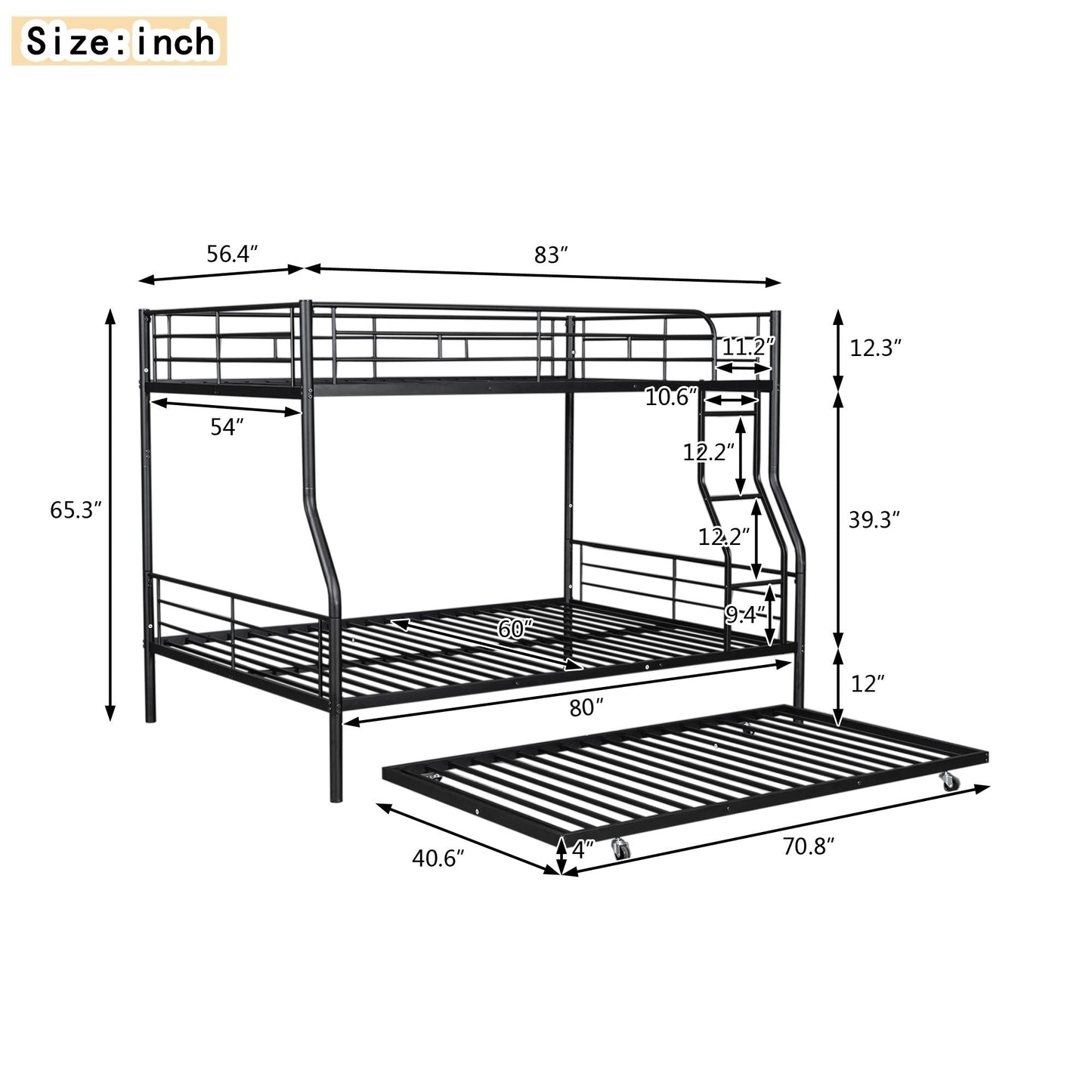 Space-Saving Full XL Over Queen Metal Bunk Bed with Trundle, Black | Just Better Bunk Beds