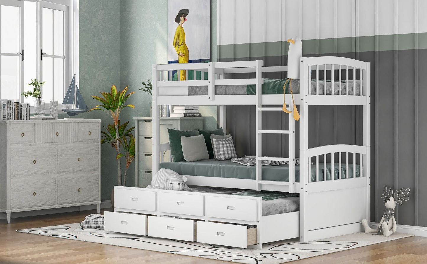 Space-Saving Twin Over Twin Wood Bunk Bed with Trundle and Drawers, White | Just Better Bunk Beds