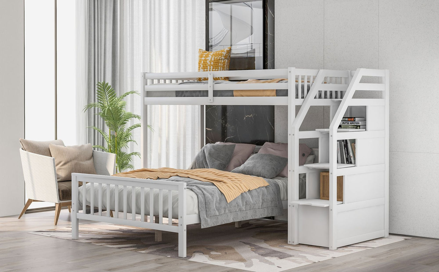 Space-Saving Twin Over Full Wood Loft Bed with Staircase, Gray | Just Better Bunk Beds