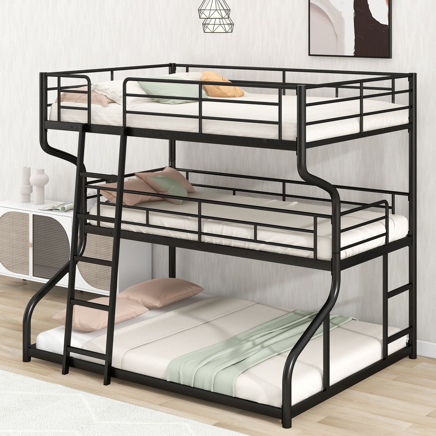 Shared Room Solution Full XL Over Twin XL Over Queen Wood Triple Bunk Bed, White | Just Better Bunk Beds