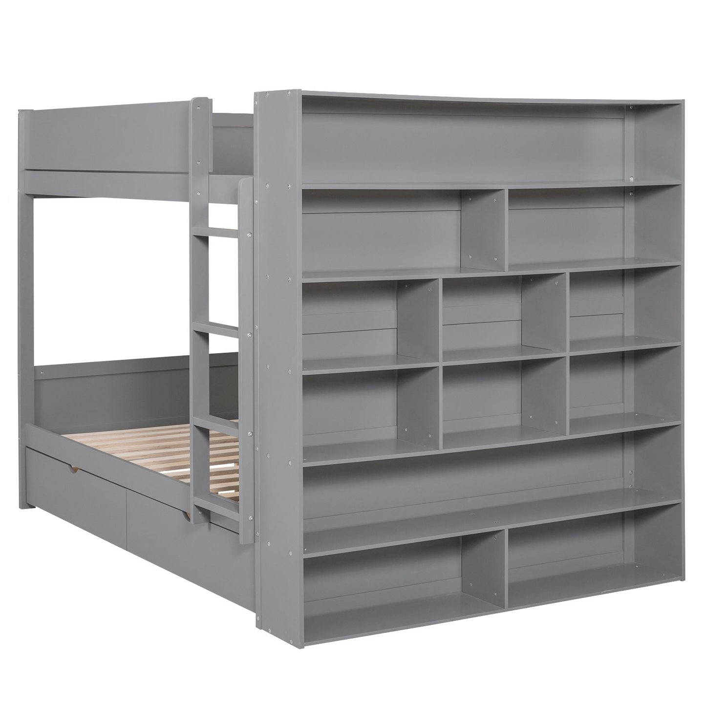 Storage Full Over Full Wood Bunk Bed with 2 Drawers and Multi-Layer Cabinet, Gray | Just Better Bunk Beds