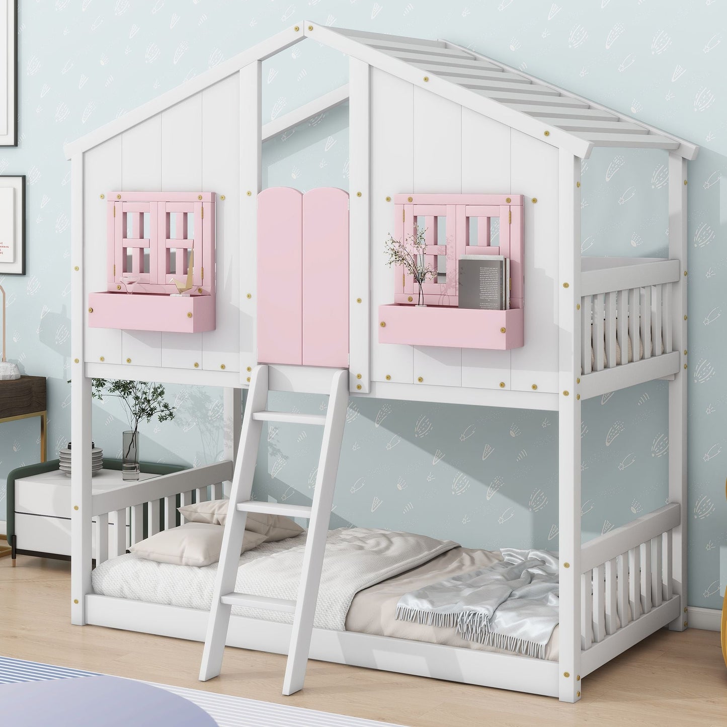 House-Style Twin Over Twin Wood Bunk Bed with Roof, Window, Door, and Ladder, Multiple Colors | Just Better Bunk Beds