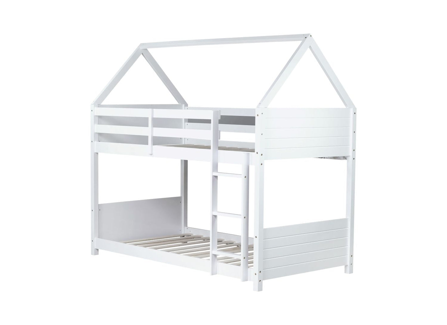 Twin Over Twin House Floor Bunk Bed with Headboards,  Footboards and Guardrails,  Ladder,  Rubber Wood Bunk Bed with Safety Guardrails, White