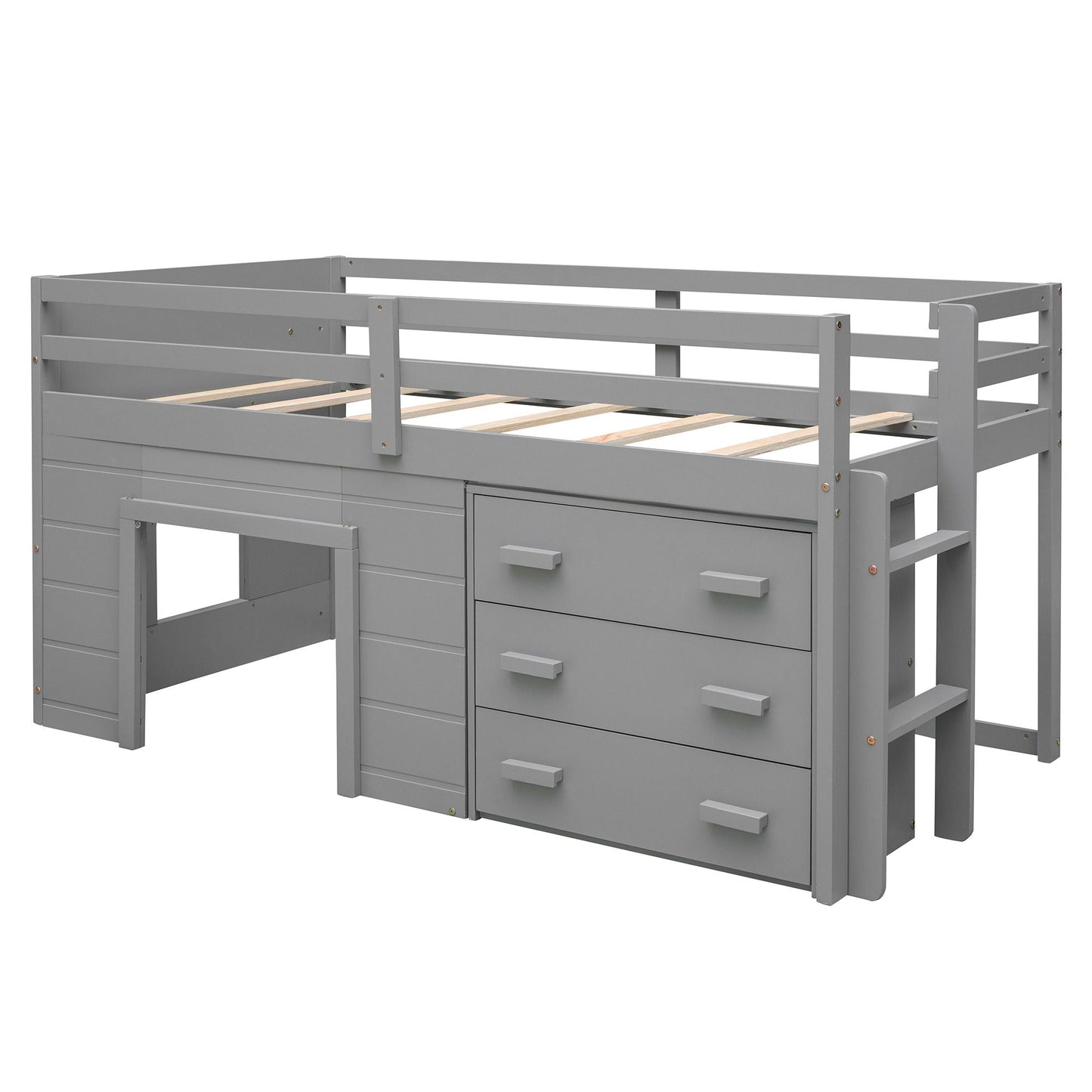 Kids Bedroom Twin Wood Loft Bed with Cabinet and Shelf, White | Just Better Bunk Beds