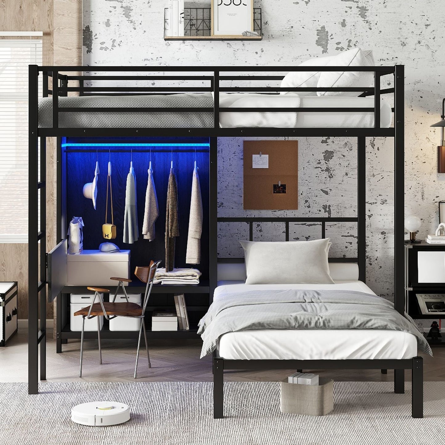 Space-Saving Full XL Over Twin Metal Bunk Bed with Folding Desk and LED Closet, Black | Just Better Bunk Beds