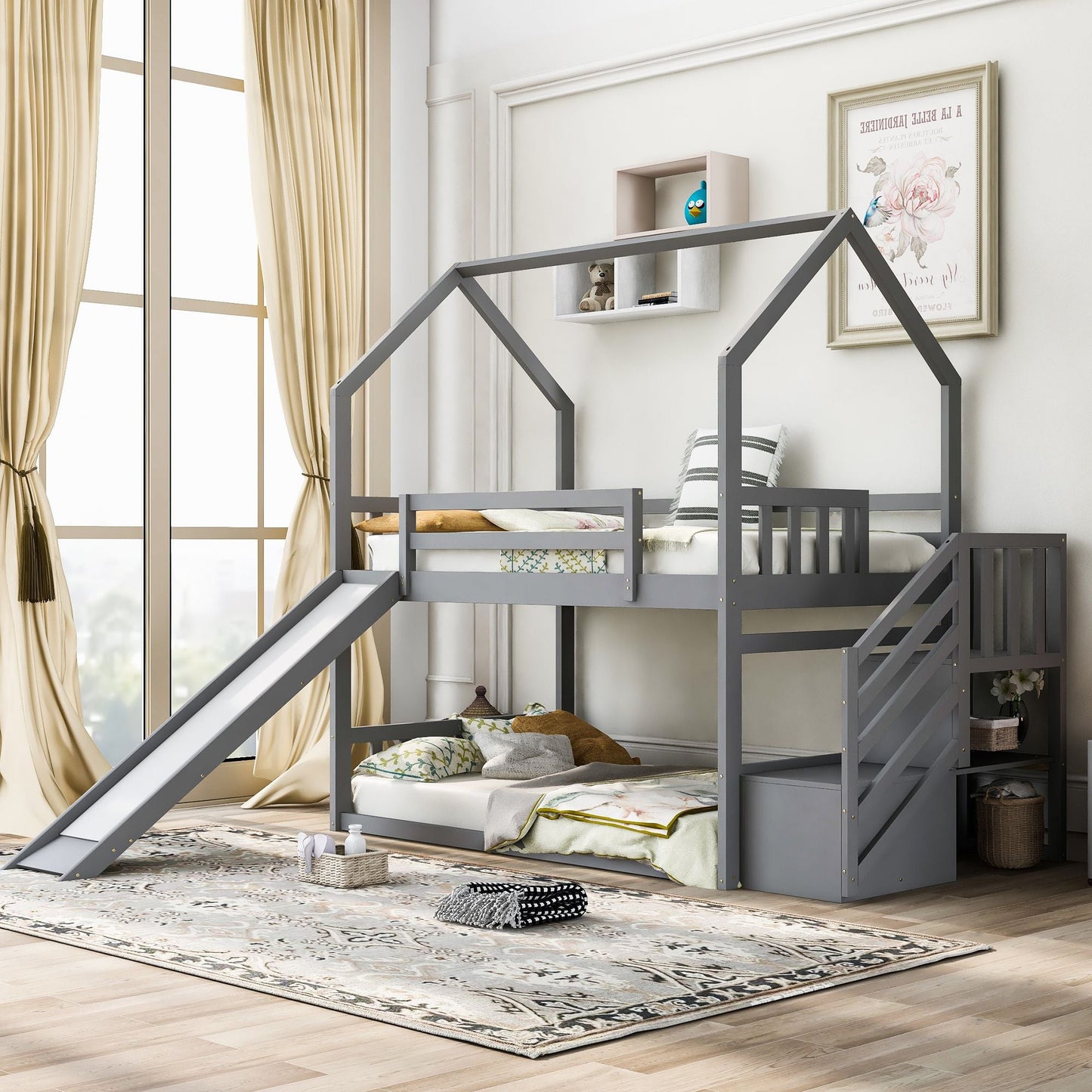 House-Style Twin Over Twin Wood Bunk Bed with Convertible Slide and Storage Staircase, Gray | Just Better Bunk Beds