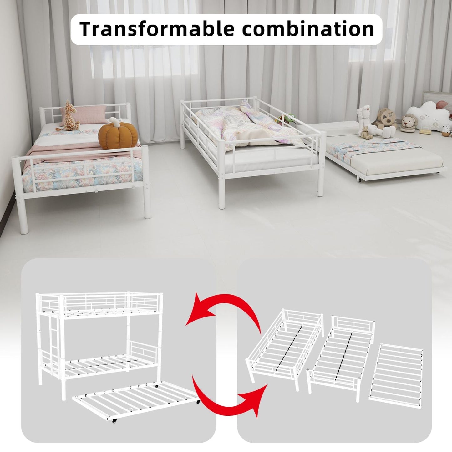 Heavy-duty Sturdy Meta Twin over Twin Bunk Bed/l/ Noise Reduced/ Safety Guardrail/No Box Spring Needed, White
