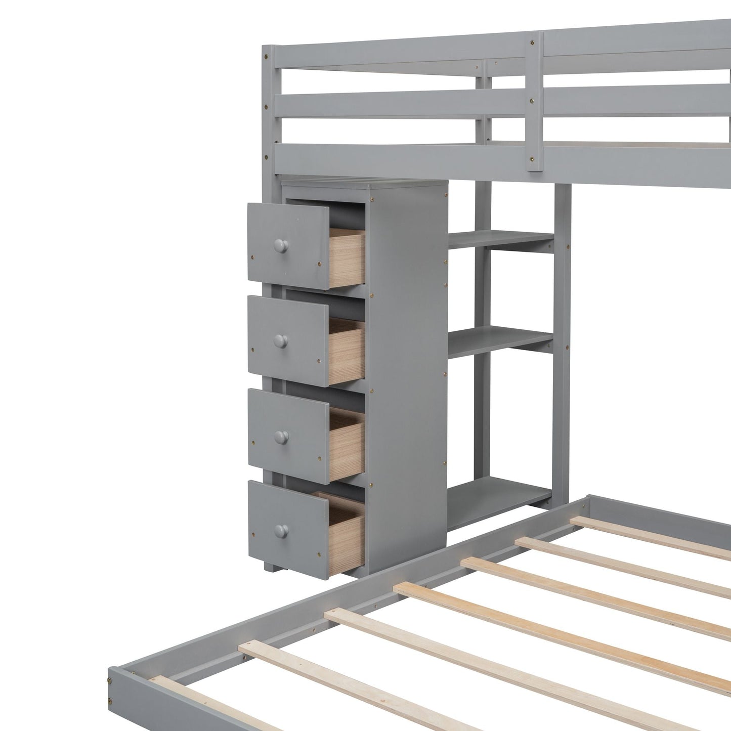 Staircase Storage Twin Over Full Wood Bunk Bed with Shelves and Drawers, Gray | Just Better Bunk Beds