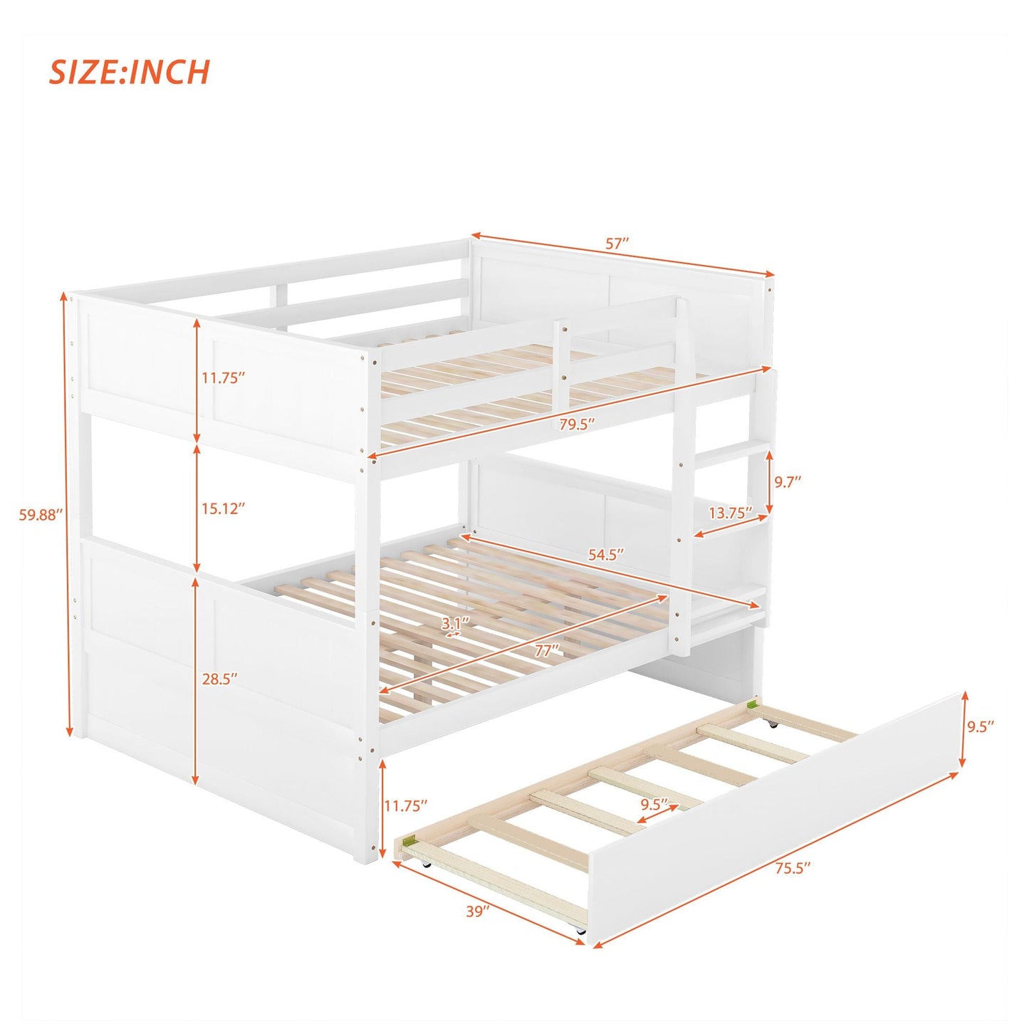 Shared Room Solution Full Over Full Wood Bunk Bed with Twin Trundle, White | Just Better Bunk Beds