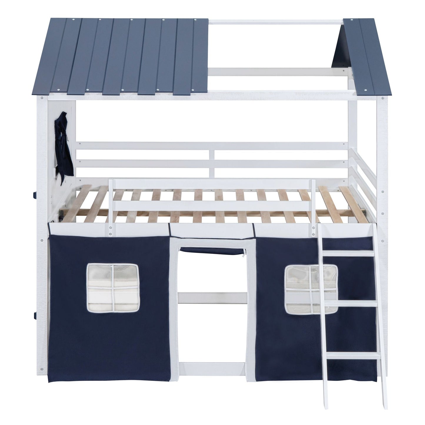 Kids Bedroom Full Wood House-Style Bunk Bed with Windows and Tent, Blue White | Just Better Bunk Beds