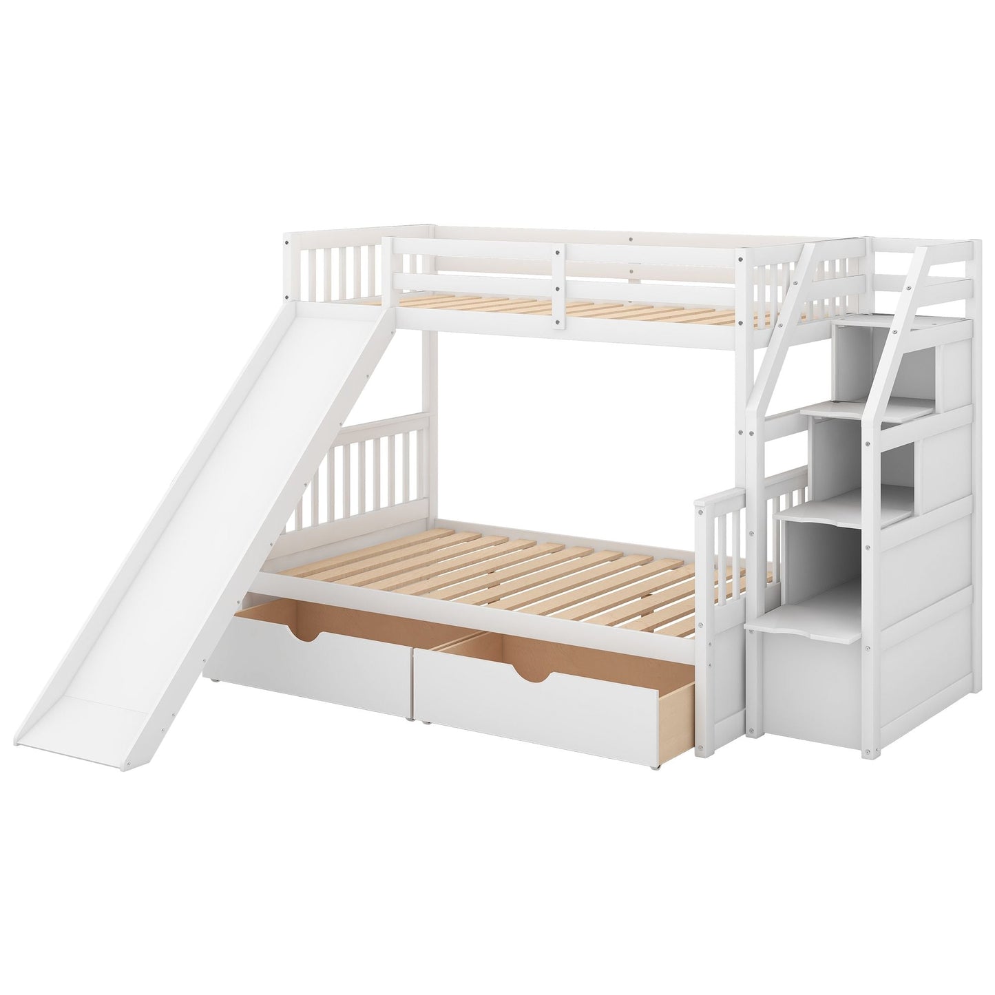 Multifunction Twin Over Full Wood Bunk Bed with Drawers and Slide, White | Just Better Bunk Beds