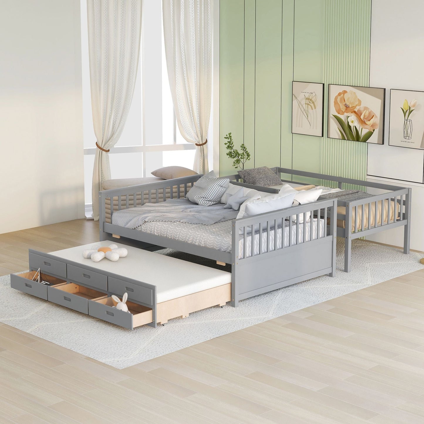 Space-Saving Twin Over Full Wood Bunk Bed with Twin Trundle and Drawers, Gray | Just Better Bunk Beds
