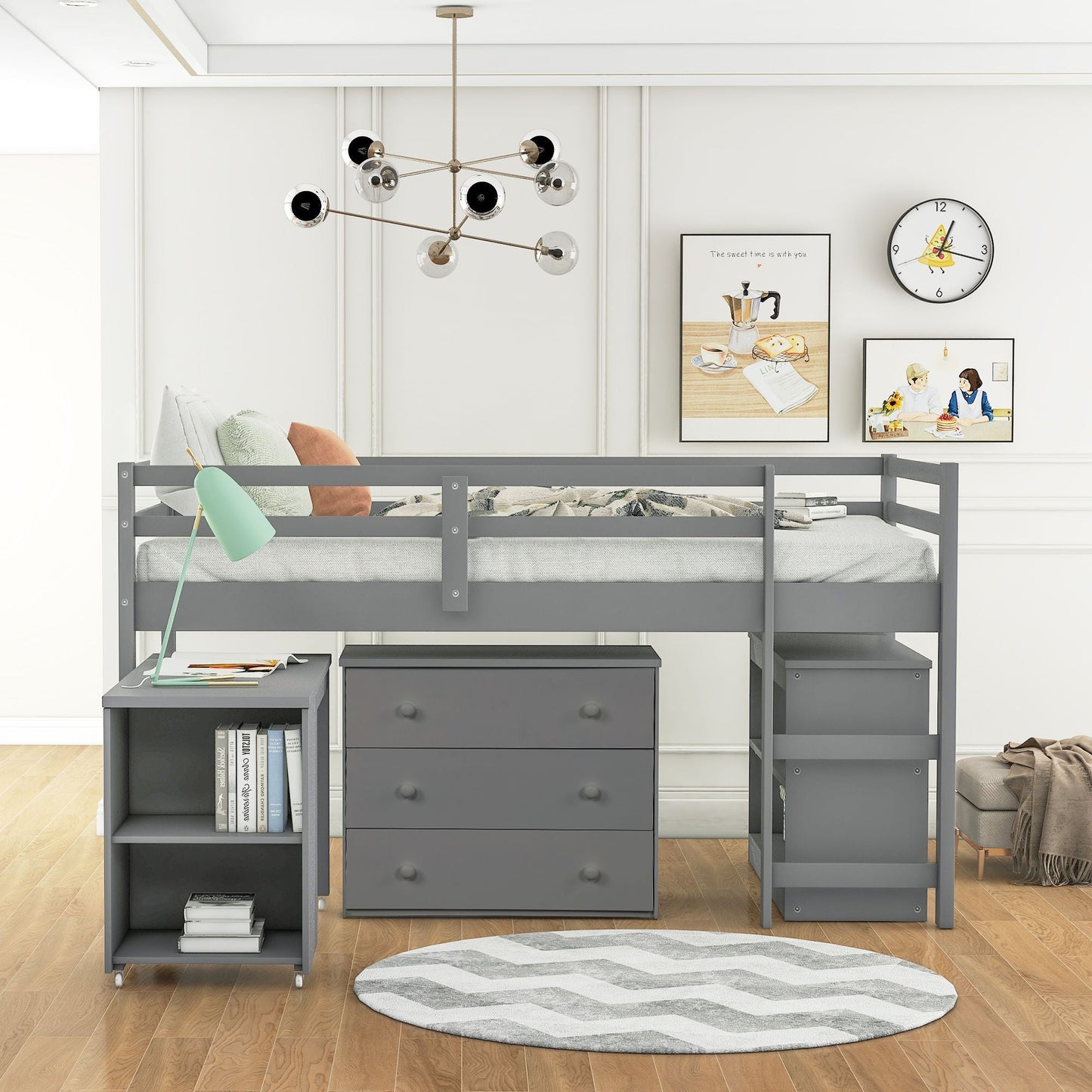Kids Bedroom Twin Wood Loft Bed with Cabinet and Rolling Desk, White | Just Better Bunk Beds