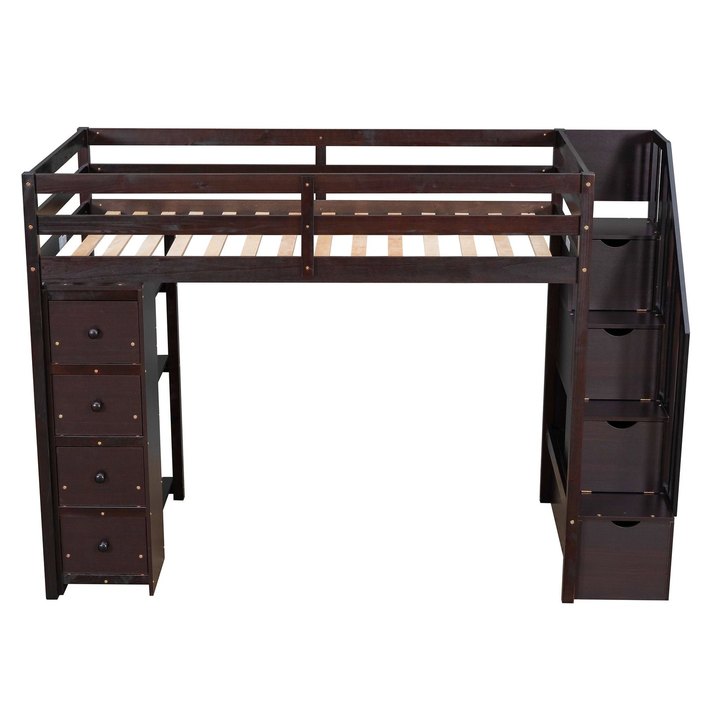 Kids Bedroom Twin Wood Loft Bed with Storage Drawers and Stairs, Espresso | Just Better Bunk Beds