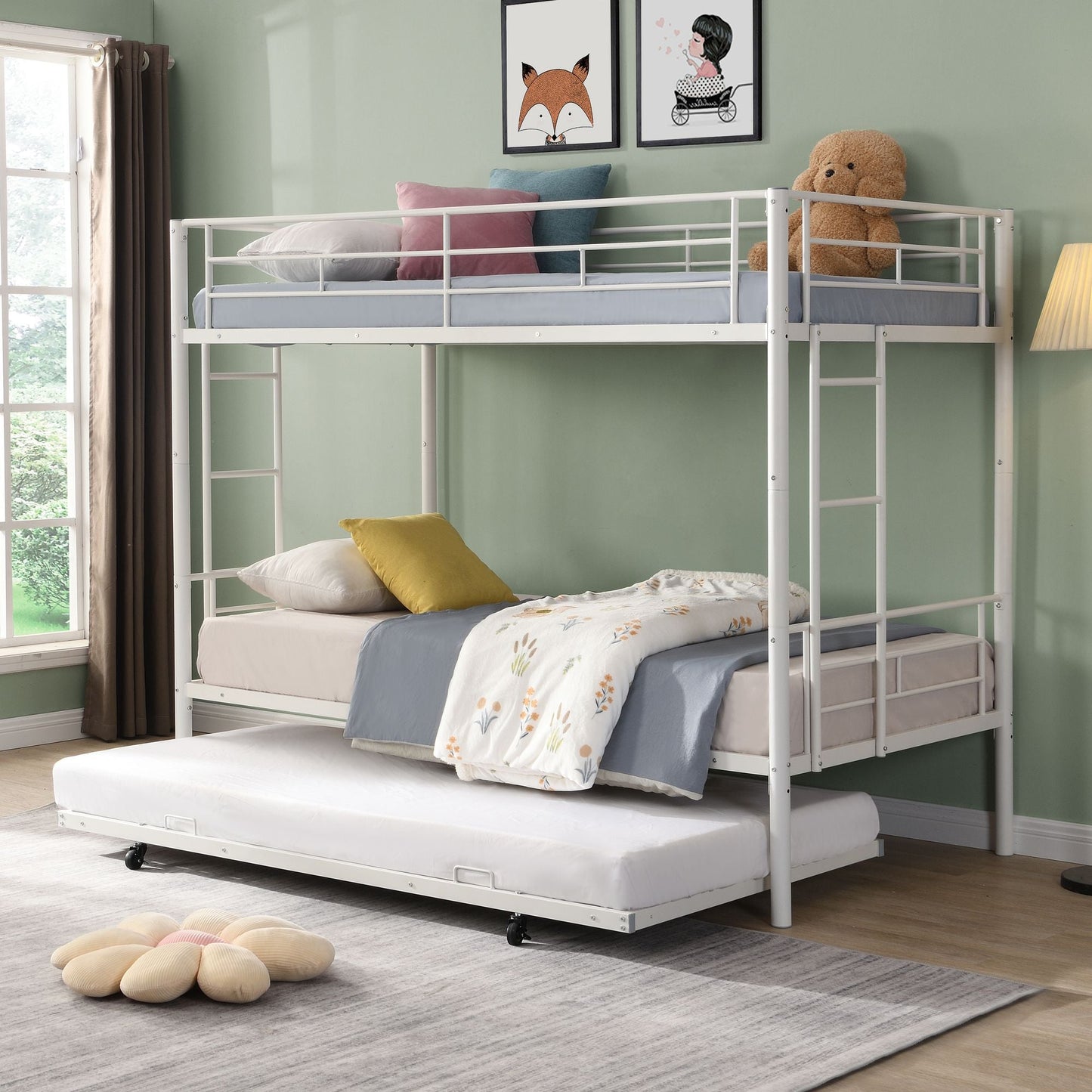 Space-Saving Twin Metal Bunk Bed with Trundle, White | Just Better Bunk Beds