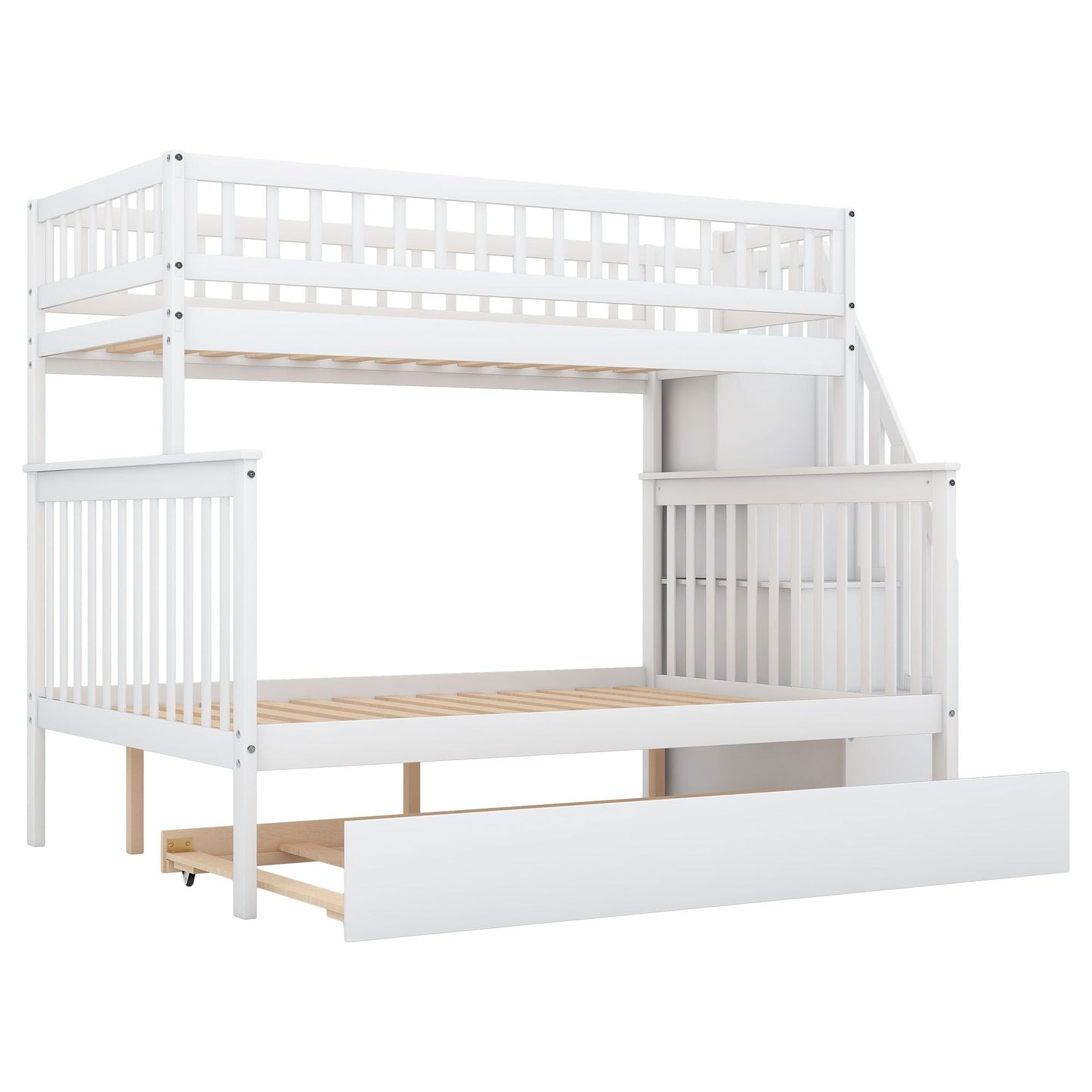 Twin over Full Bunk Bed with Trundle and Staircase, White