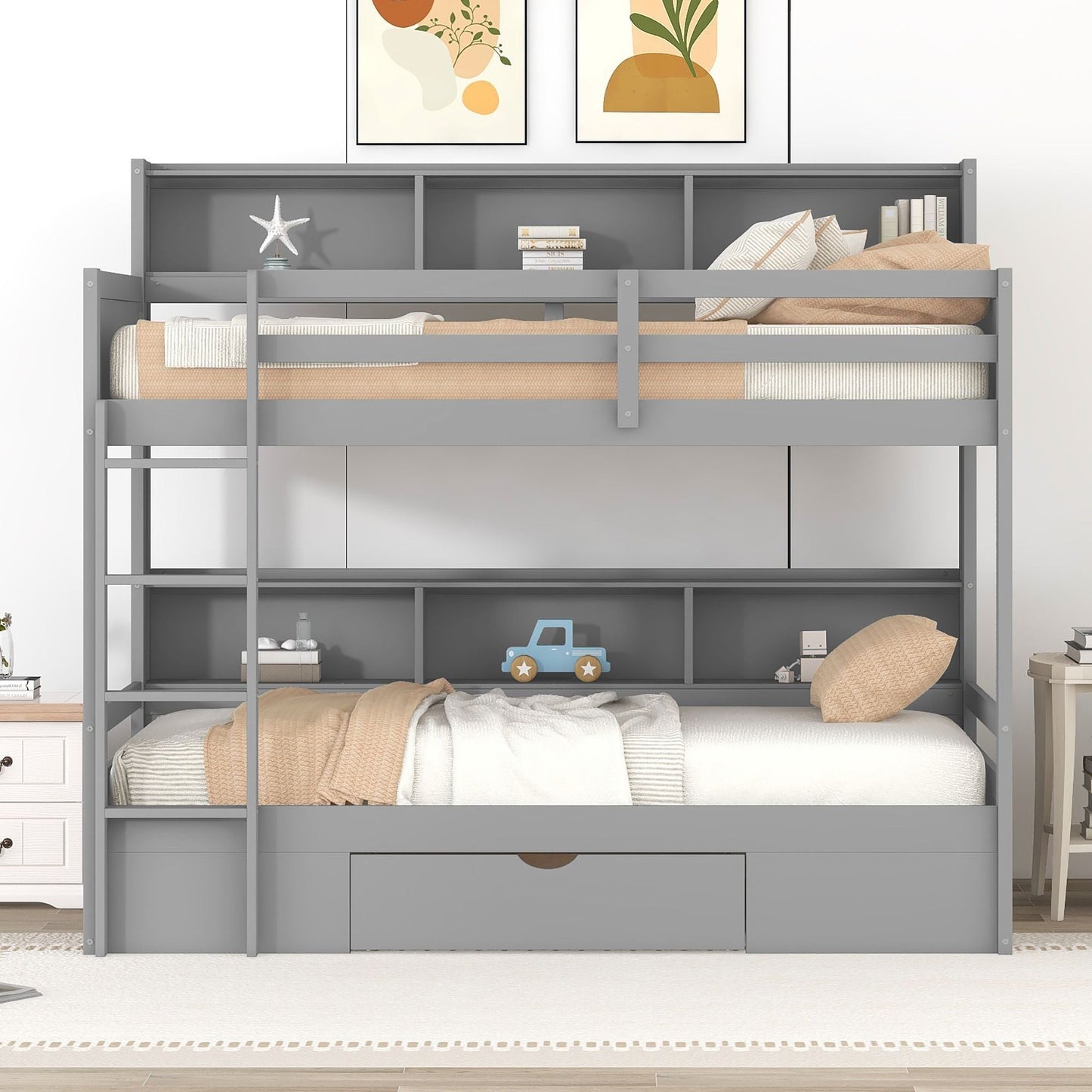Shared Room Solution Twin Wood Bunk Bed with Built-In Shelves and Storage, White | Just Better Bunk Beds