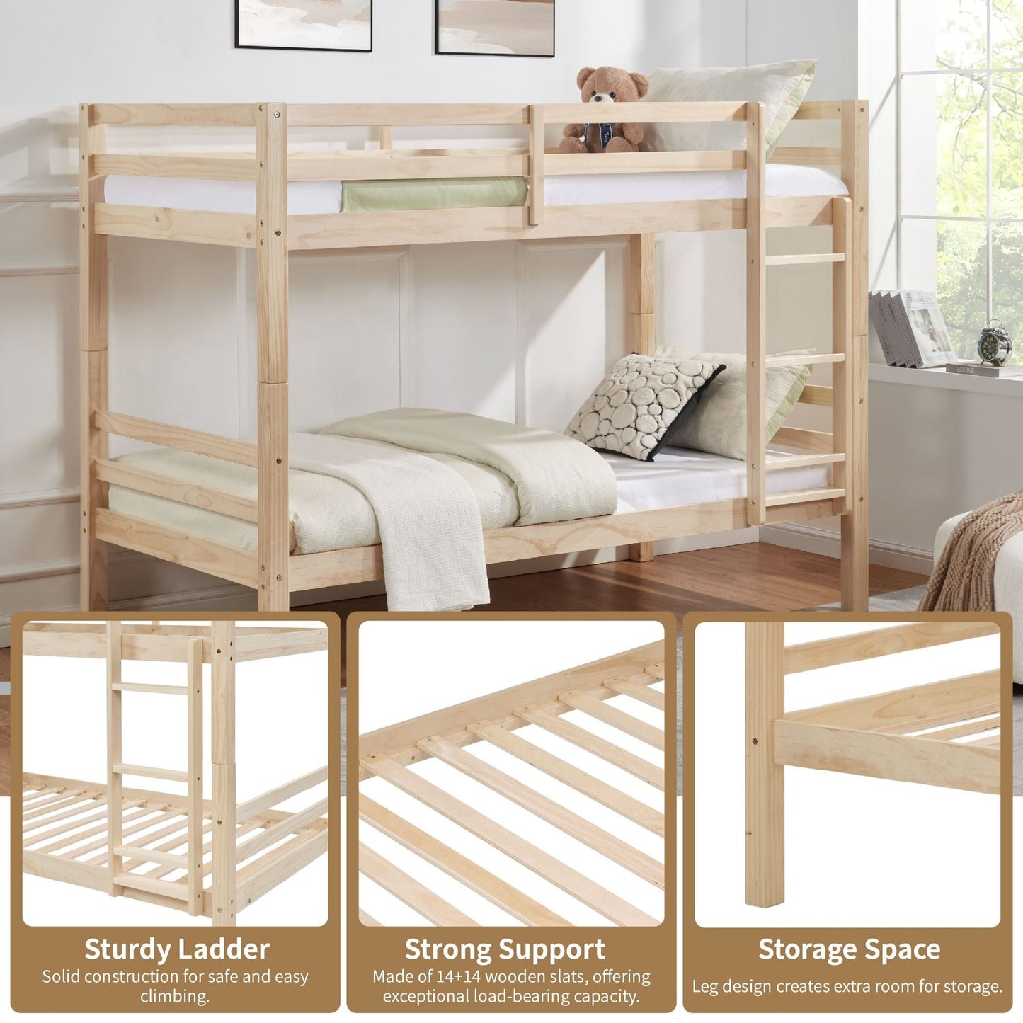 Heavy-Duty Twin Over Twin Wood Bunk Bed, Natural with Thick Posts, Ladder, and High Guardrail | Just Better Bunk Beds