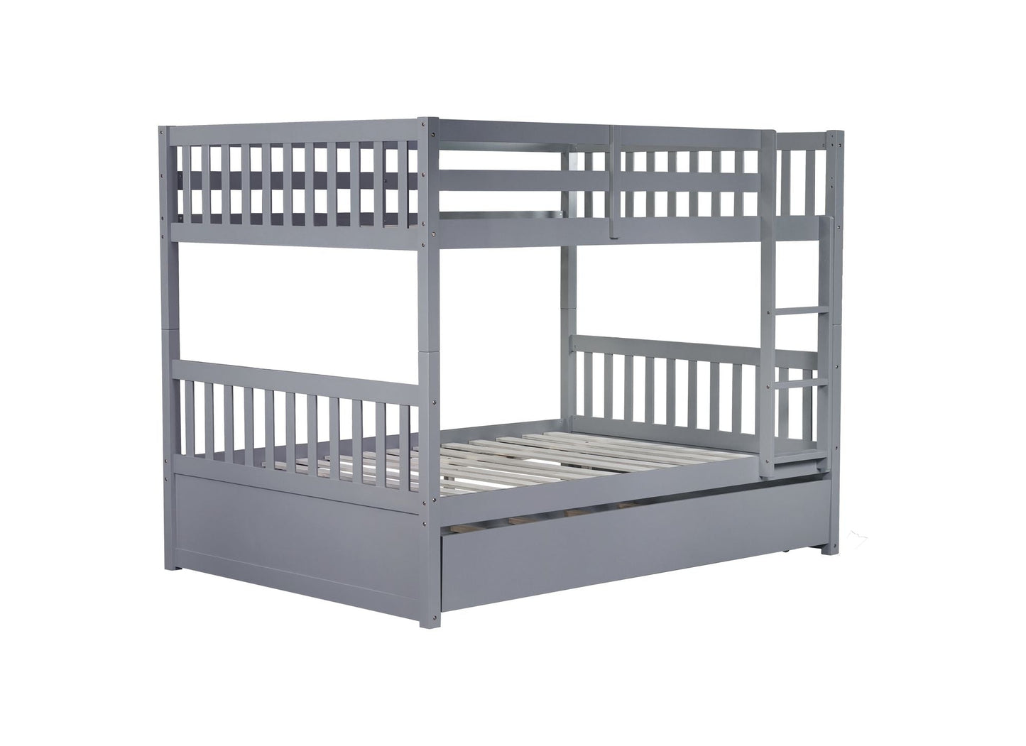 Convertible Full Over Full Rubber Wood Bunk Bed with Trundle, Ladder, and Guardrails, Gray | Just Better Bunk Beds