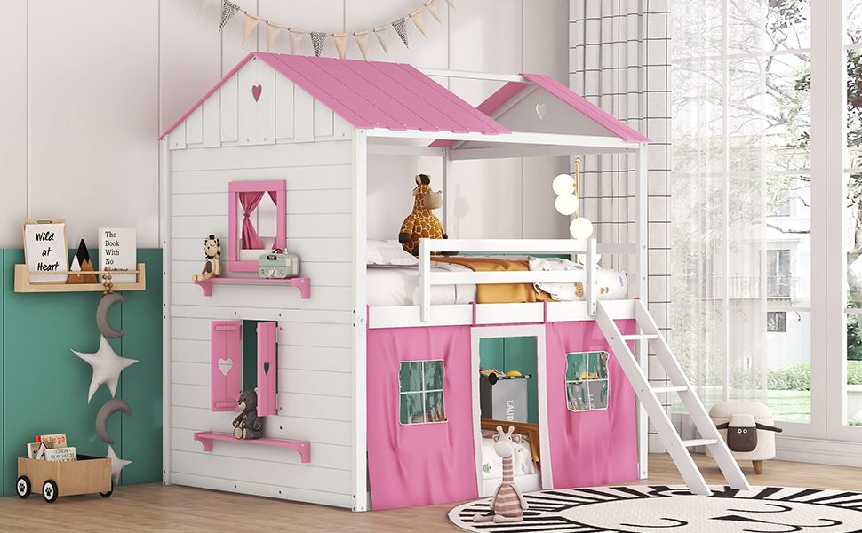 House-Style Full Wood Bunk Bed with Windows, Sills and Tent, Pink and White | Just Better Bunk Beds