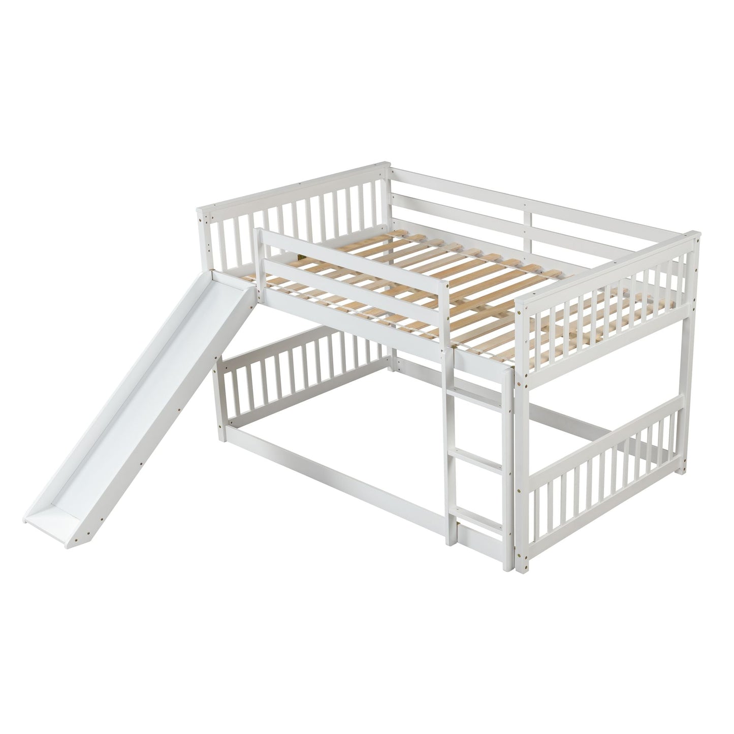 Space-Saving Full Over Full Wood Bunk Bed with Slide and Safety Guardrails, White | Just Better Bunk Beds