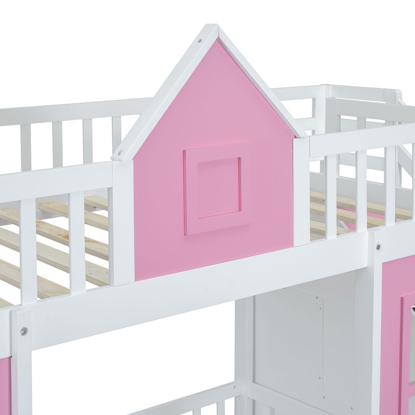 Multi-Use Twin Over Twin Wood Bunk Bed with Changeable Table and Desk, Pink | Just Better Bunk Beds