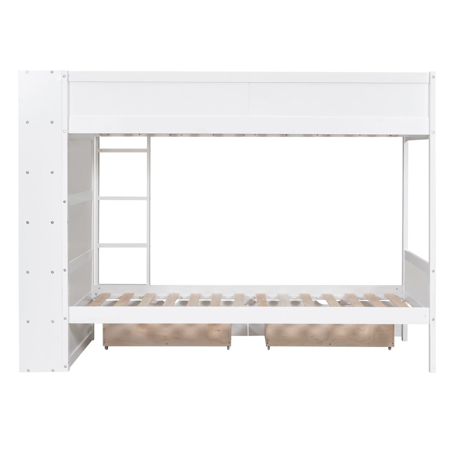 Storage Twin Over Twin Wood Bunk Bed with 2 Drawers and Multi-Layer Cabinet, White | Just Better Bunk Beds