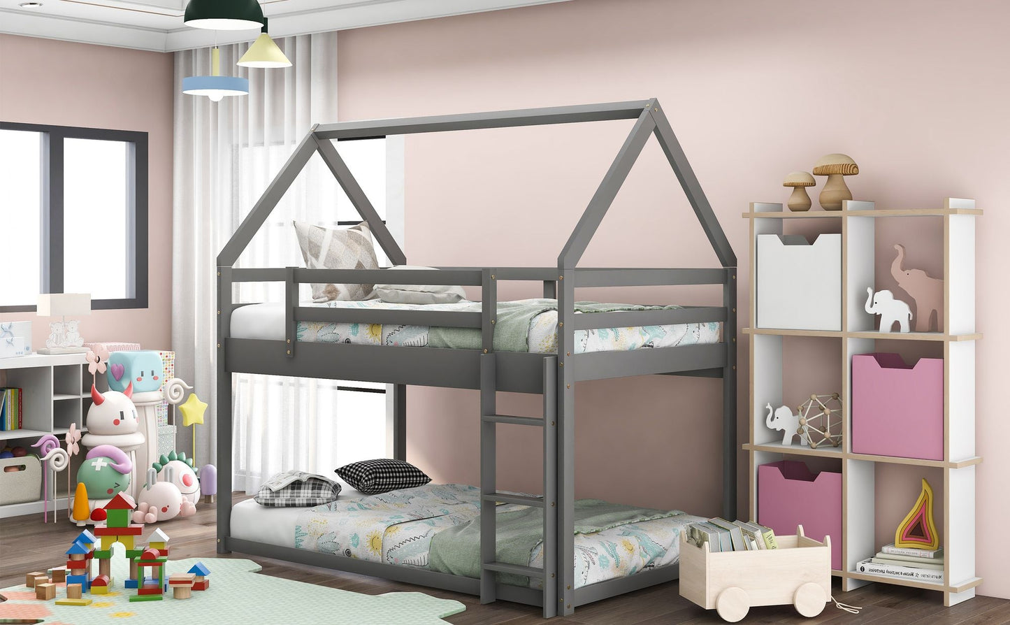 House-Style Low Twin Over Twin Wood Bunk Bed with Ladder, Gray | Just Better Bunk Beds